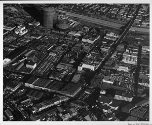 Aerial view, Downtown Los Angeles, First Street at Alameda Street, Central Avenue, Atcheson, Topeca & Sante Fe Railroads, Hollywood Freeway