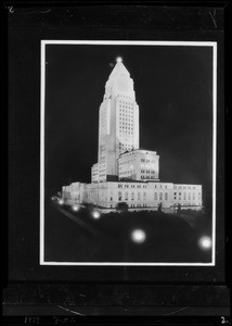Retouched shot of city hall at night, Los Angeles, CA, 1929