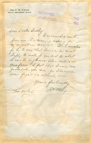 Letter from J. H. Utley to Walter Lindley