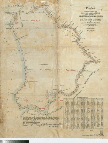 Plat of the Northern Part of the Rancho San Antonio finally confirmed to Vicente and Domingo Peralta [cartographic material] / surveyed under instructions from the U.S. Surveyor General by James T. Stratton, Dep. Sur[veyor], February 1858 - December 1859 containing 19143 86/100 acres [with narrative descriptions]