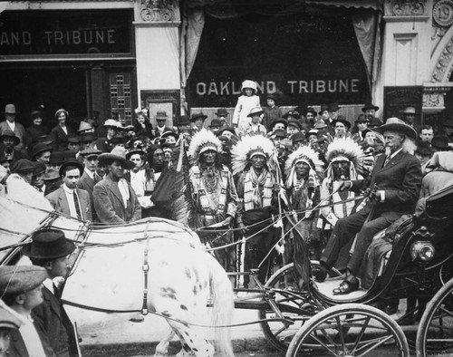 Buffalo Bill (William F. Cody), with the cast of his "Wild West & Rough Riders of the World" show in Oakland during its farewell tour in 1910 [picture]