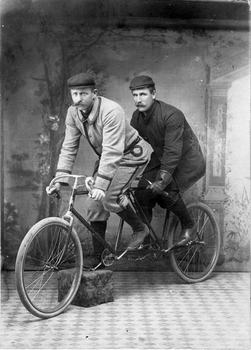 James Mulvey and Ed Wells, bicycle racers, (late 1890s), photograph
