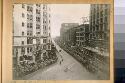 Pres. W.G. Harding's Funeral passing down 3rd St. from Market St. between the Call & Examiner Buildings on Friday, Aug. 3/23 at 5:15 P.M. on its way to Washington, D.C