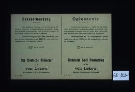 Bekanntmachung. ... der Preis fur Kartoffeln auf ... herabgesetzt. ... Kalisch, Turek, den 28. Juni 1915. ... Ogloszenie ... Niemiecki Szef powiatowy w. z. von Lekow, Kapitan i Szambelan Krolewski