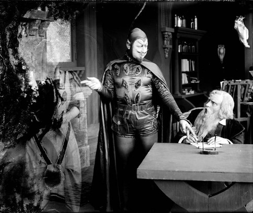 Beatriz Michelena as Marguerite, Albert Morrison as Mephisto, and William Pike as Faust, in the California Motion Picture Corporation production of Faust, San Rafael, 1916 [photograph]