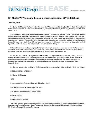 Dr. Shirley W. Thomas to be commencement speaker at Third College