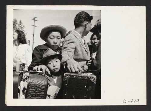 Turlock, Calif.--These young evacuees of Japanese ancestry are waiting their turn for baggage inspection upon arrival at this Assembly Center. Photographer: Lange, Dorothea Turlock, California