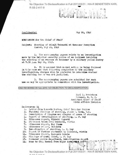 Bendetsen memo regarding shooting of Hikaji Takeuchi at Manzanar Reception Center, May 16, 1942