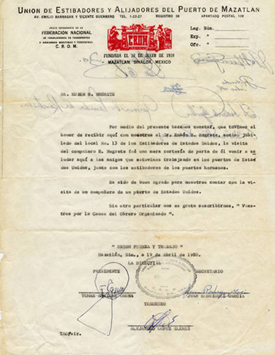 Letter from the Union de Estibadores y Alijadores del Puerto de Mazatlan to Ruben H. Negrete