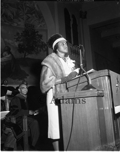 Jeannetta Kilgore speaking from the pulpit at Second Baptist Church, Los Angeles, 1964