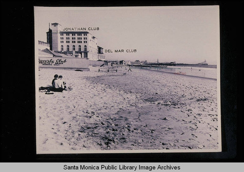 Santa Monica tide studies looking south to the Waverly Club, Jonathan Club and the Del Mar Club and the Ocean Park Pier (shoreward markers indicate 1921 high tide line) with tide 0.3 feet, at 3:05 PM on September 23, 1938