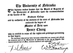 Henry Chung's Master's Degree diploma, University of Nebraska, 1918