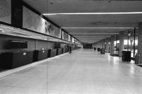 Empty American Airlines ticket counters at Los Angeles International Airport during Transport Workers Union strike, 1969