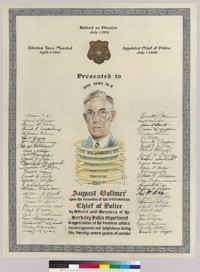 Certificate presented to August Vollmer upon his retirement as Chief of Police of Berkeley, Calif