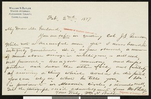 William N. Butler, letter, 1897-02-02, to Hamlin Garland