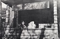 Jack London on the porch of Wake Robin Lodge