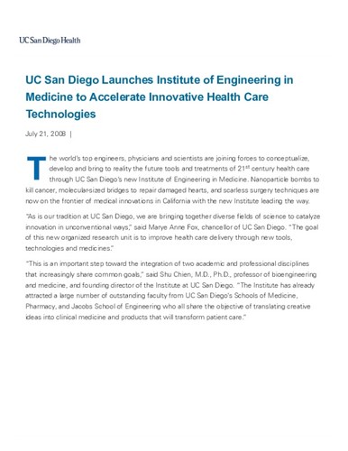 UC San Diego Launches Institute of Engineering in Medicine to Accelerate Innovative Health Care Technologies
