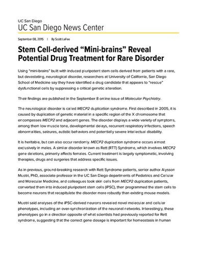 Stem Cell-derived “Mini-brains” Reveal Potential Drug Treatment for Rare Disorder