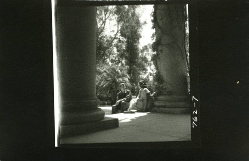 Carnegie Building and two students, Pomona College