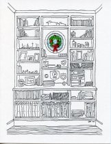 Holiday card with a drawing of a bookcase inside 448 Throckmorton Avenue