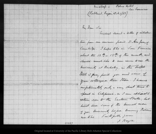 Letter from J[ames] Bryce to [John Muir], 1881 Oct 1