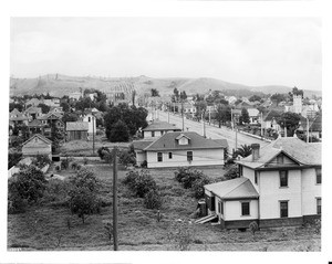 View of Philadelphia Street looking north from the high school in Whittier, ca.1908