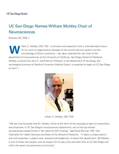 UC San Diego Names William Mobley Chair of Neurosciences