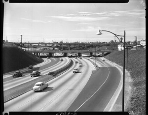 Looking south toward 4 level interchange from Alpine Street overpass, 1955