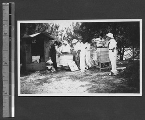 Class in apiculture at Fukien Christian University, Fuzhou, Fujian, China, ca.1937
