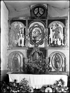 Figures on the side altar at Mission Santa Cruz, New Mexico, ca.1900