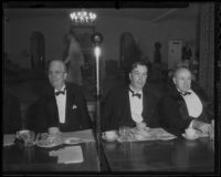 Rufus Bernhard von Kleinsmid, Dr. George F. Zook and Senator Elbert D. Thomas at a banquet, Los Angeles, 1935
