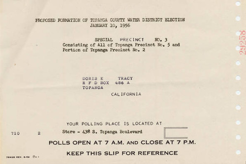 Election Slip for the proposed formation of Topanga County Water District election, on January 10, 1956