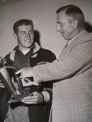 Analy High School Tigers football, 1960--Analy player John Condon and Coach Walt Foster with 1960 Redwood Empire Allstar trophy for lineman