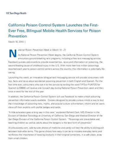 California Poison Control System Launches the First-Ever Free, Bilingual Mobile Health Service for Poison Prevention