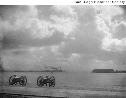 Two cannons on Market Street at the foot of Kettner Boulevard looking across the bay