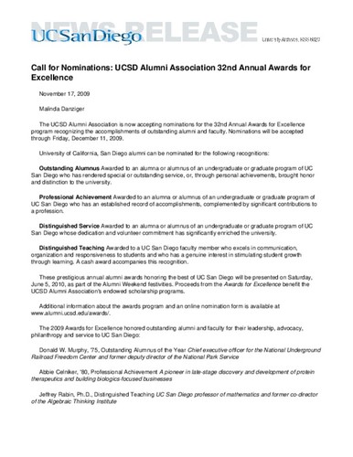 Call for Nominations: UCSD Alumni Association 32nd Annual Awards for Excellence