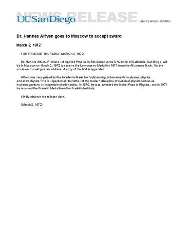 Dr. Hannes Alfven goes to Moscow to accept award