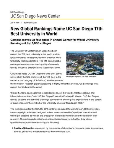 New Global Rankings Name UC San Diego 17th Best University in World