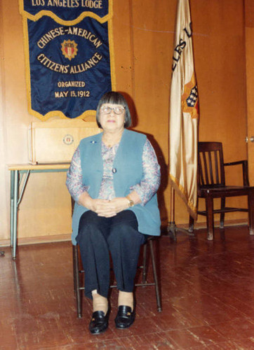 Photo of Lily Lum Chan taken at the Chinese American Citizens' Alliance lodge. She was the marshall of the Los Angeles CACA lodge