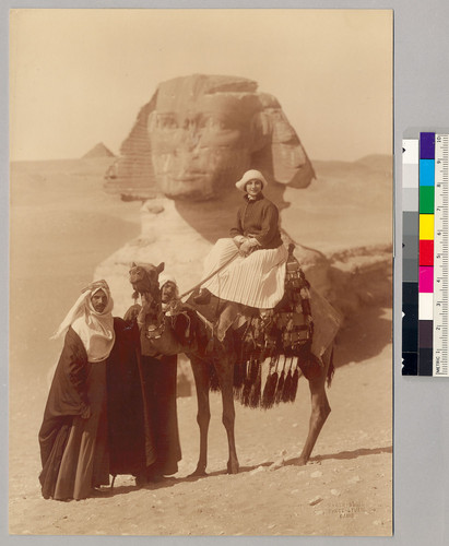 [Anna Pavlova on a camel in front of the Great Sphinx of Giza, Egypt.]