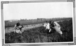 Mrs. Eloise Riddell and Cora Miller Elvy picking violets with two of Cora's young daughters (either Harriet, Wilma or Phillis) along the P&SR railroad tracks near Pepper Road, north of Petaluma, California