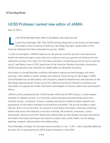 UCSD professor named new editor of JAMIA