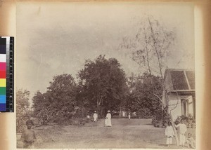 Members of mission household outside mission house, Vizianagaram, Andhra Pradesh, India, ca.1885-1889
