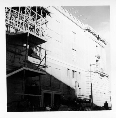 [Construction on the exterior of the Civic Auditorium]