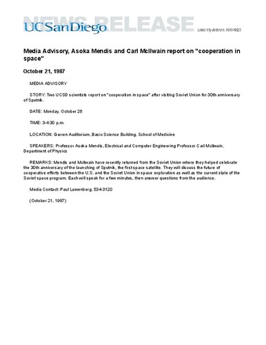 Media Advisory, Asoka Mendis and Carl McIlwain report on "cooperation in space"