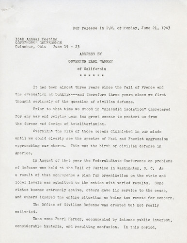 Address by Governor Earl Warren of California