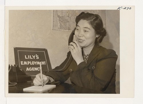Mrs. Kimiko Nakanishi, from Topaz, has opened an employment agency, Lily's Employment Agency, 2033 Pine Street, San Francisco. Photographer: Iwasaki, Hikaru San Francisco, California