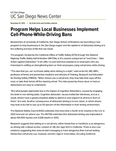 Program Helps Local Businesses Implement Cell-Phone-While-Driving Bans