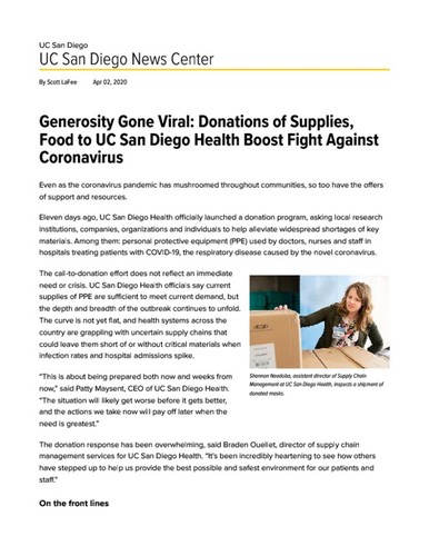 Generosity Gone Viral: Donations of Supplies, Food to UC San Diego Health Boost Fight Against Corona