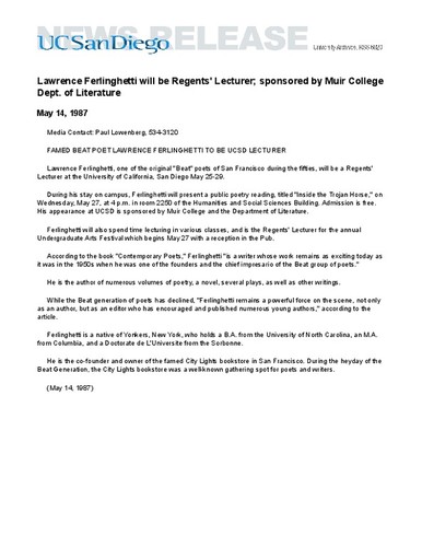 Lawrence Ferlinghetti will be Regents' Lecturer; sponsored by Muir College Dept. of Literature